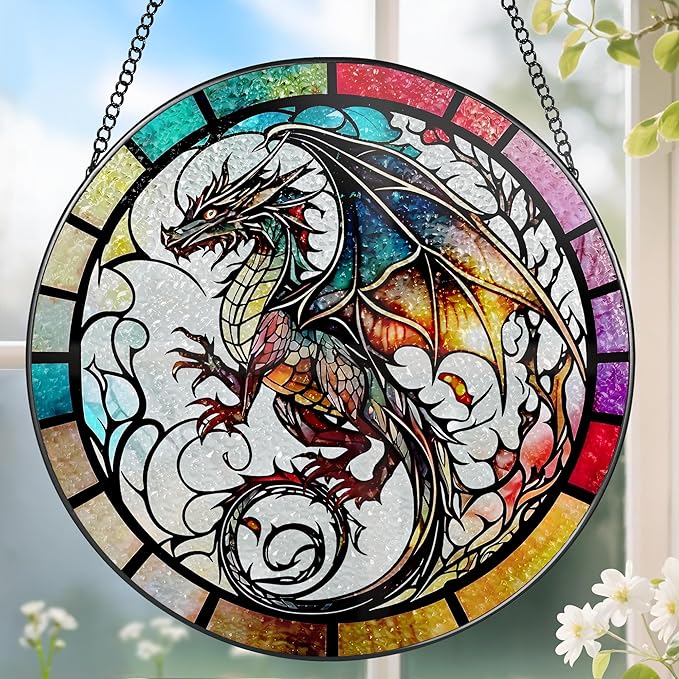 8 Inch Stained Glass Suncatcher Ornament, DOUHASU Dragon Sun Catchers Indoor Window, Stained Glass Window Hanging, Home Decor, Dragon Lovers Gifts for Men, Dad, Husband, Boyfriend