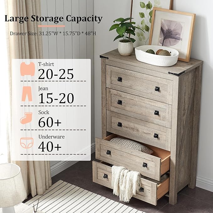 RedLemon Farmhouse 5 Drawer Dresser, 48" Tall Rustic Chest of Drawers, Wood Dresser for Bedroom, Living Room, Hallway, Light Rustic Oak