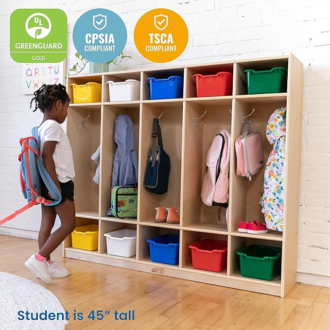 ECR4Kids 5-Section Straight Coat Locker, Classroom Furniture, Natural