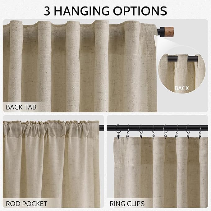 Nanspring Eggshell Beige 108 Inch Curtains for Living Room Linen Blend Long Light Filtering Semi Sheer Curtain Back Tab Rustic Decor Neutral Floor to Ceiling High Window for Bedroom 52x108, 2 Panels