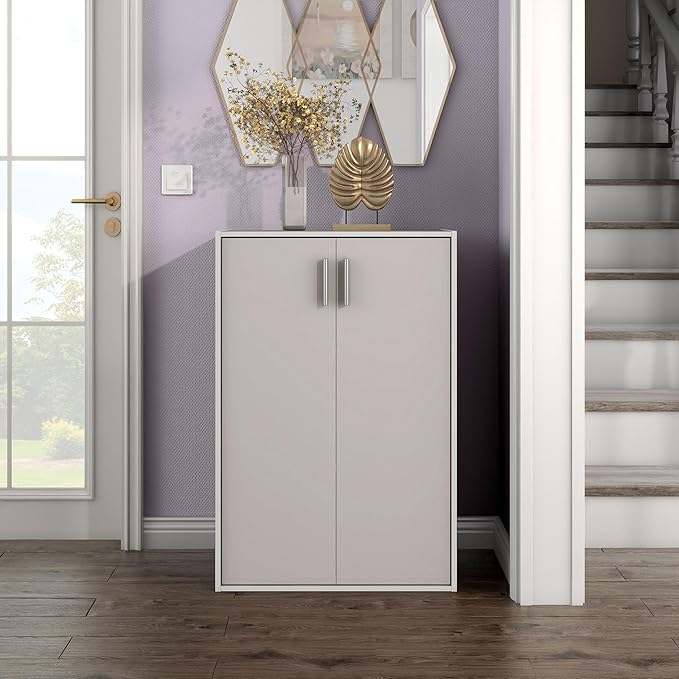 Homes: Inside + Out Apexa 3-Tier Stackable Wood Bookcase with Doors, Cube Storage Organizer Shelves, Small Food Pantry Cabinet, Dorm Teen Room Decor & Bedroom, Home Office, Kitchen, Taupe Grey