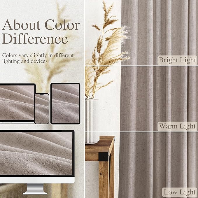 Extra Long Curtain 108 Inches Long 2 Panels Set Back Tab Brownish Grey Linen Drapes for Living Room Neutral Farmhouse Light Filtering Semi Sheer Linen Curtains 108 Inch Length for Large Window 9 FT