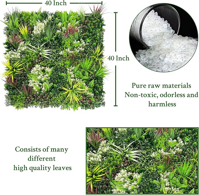 Artificial Plant Wall Panels: 20"×20" 4P UV-Anti Faux Grass Wall Backdrop Boxwood Ivy Fence Privacy Screen Fake Greenery Leaf Hedge for Outdoor,Indoor,Garden,Backyard and Home Decor