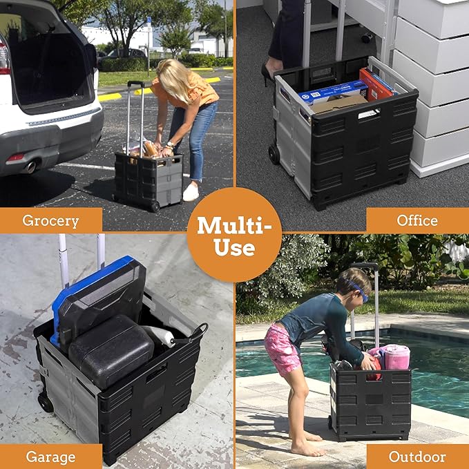 Inspired Living Ultra-Slim Rolling Collapsible Storage Pack-N-Roll Utility-carts, with Telescopic Handle, for Home, Garden, Shopping, Office, School use, Medium, Grey & Black