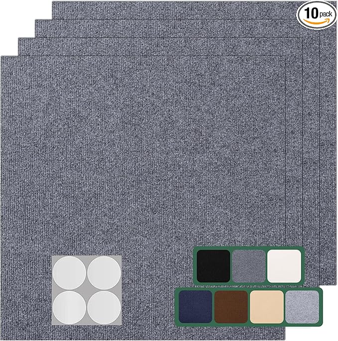 Carpet Tile 10 Pack 24” X 24” Self Adhesive Carpet Floor Tiles Anti-Slip Squares Peel and Stick Floor Tile DIY Installation for Bedroom(Dark Grey)