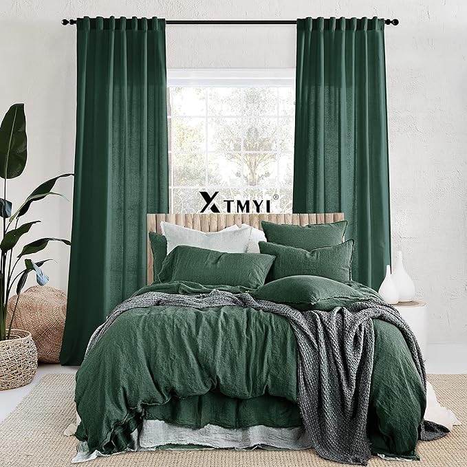XTMYI Emerald Dark Green Curtains for Living Room 84 Inches Long 2 Panels Set Linen Rod Pocket Back Tab Hooks Pleated Hunter Green Vintage Retro Curtains for Bedroom Decor Dining Room