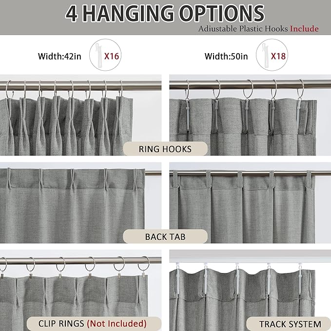RAIN CITY Grey Linen Curtains 90 Inches Long Pinch Pleated with Hooks 2 Panels, Semi Sheer Textured Light Filtering Window Drapes for Dining Room Bedroom Back Tab 42x90-in