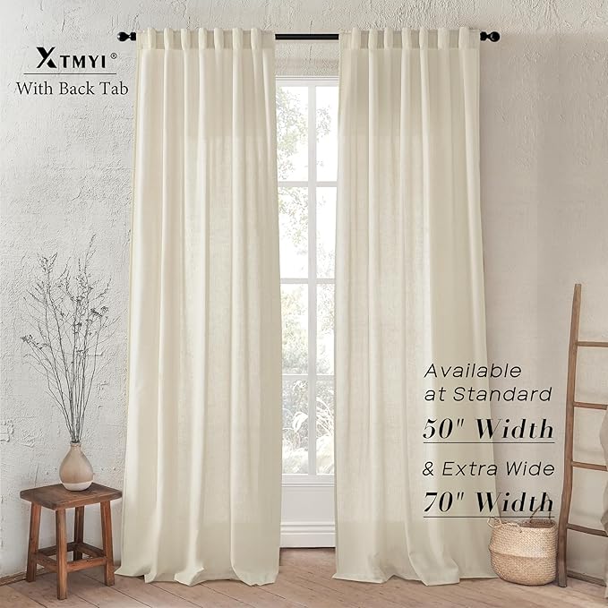 XTMYI Tan Beige Curtains 84 Inches Long for Living Room,Sheer Linen Hooks Pleated Back Tab Light Filtering Semi Opaque Curtains for Bedroom,Set of 2 Panels