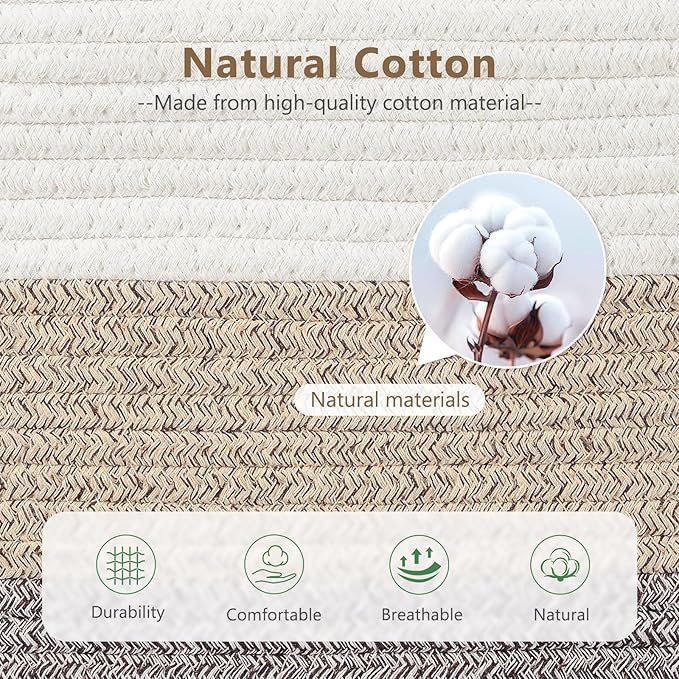 Cotton Rope Basket, Storage Baskets with Handle, 15x10x9 Inch Woven Basket for Shelves, Laundry, Towels, Clothes, Books (Gradient Brown 3 Pack)