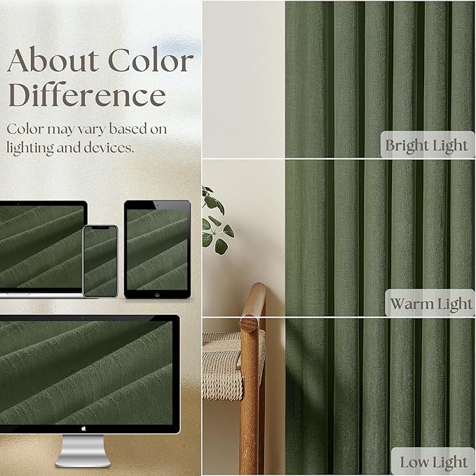 Pleated Linen Olive Green Curtains 102 Inches Long 2 Panels Set for Living Room Bedroom Neutral Farmhouse Cotton Linen Blend Back Tab Memory Shape Pinch Pleat Ceiling Floor 102 Inch Window Curtain