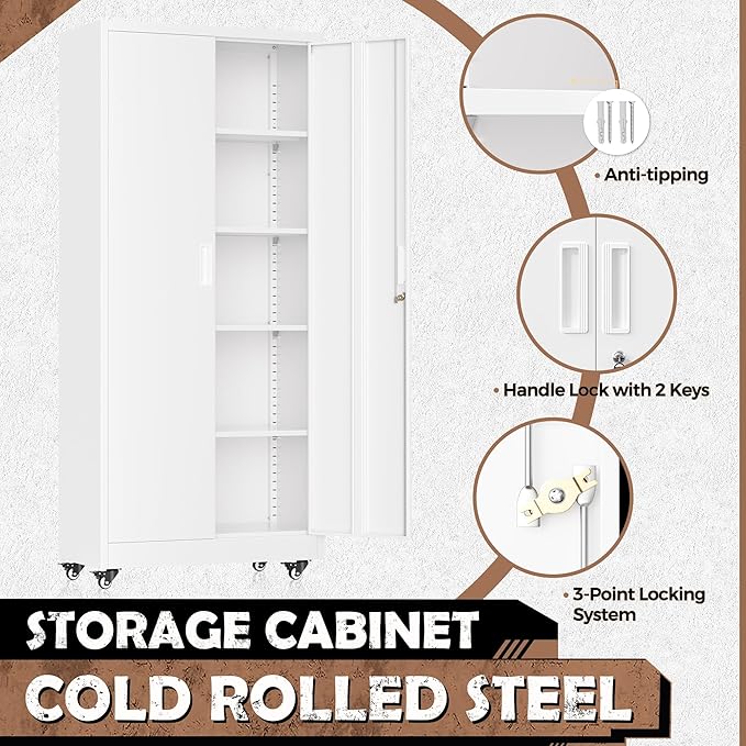 INTERGREAT Metal Storage Cabinet with Wheels, 73" Garage Storage Cabinet with Door and 4 Shelves, Tool Cabinet on Caster for Home, Office, White