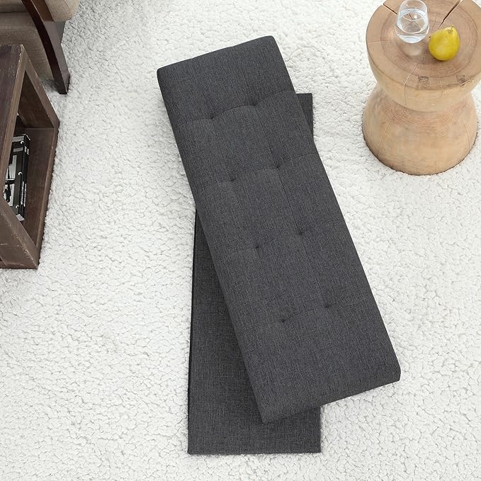 Ornavo Home Foldable Tufted Linen Large Storage Ottoman Bench Foot Rest Stool/Seat - 15" x 45" x 15" (Black)