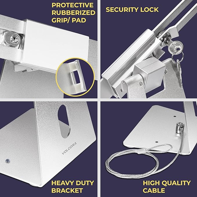 Volcora Anti-Theft Tablet Stand iPad Kiosk Stand with Lock, Silver 10-13'' iPad Stand for Desk, Swivel, Adjustable iPad Holder For Desk, iPad Mount For Desk For POS Register, Retail Business, Cashier