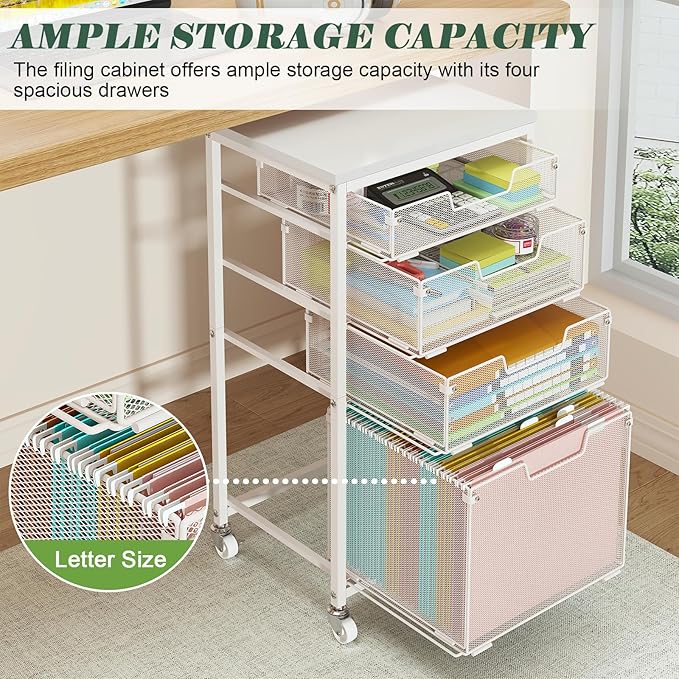 4 Drawer Rolling File Cart with Wheels, Mobile Filing Cabinet for Home Office, Hanging File Organizer, Under Desk Storage, Multifunctional Utility Cart Printer Stand, White (Patent Pending)