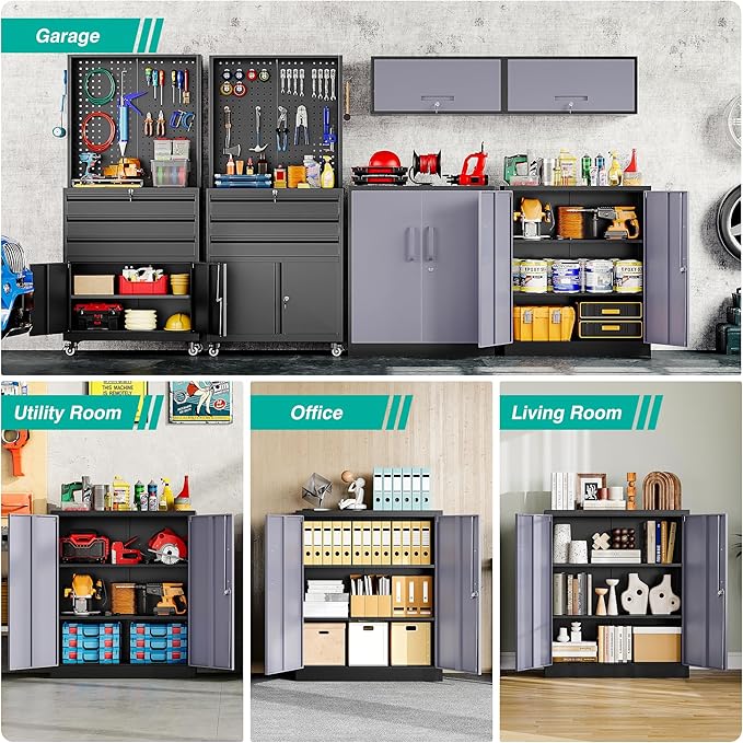 SISESOL Storage Cabinet with Doors and Shelves,36 inch Metal Storage Cabinet with Locking Doors,Small Metal Cabinets with Lock,Gray Garage Cupboard for Home Office,Garage,Shop