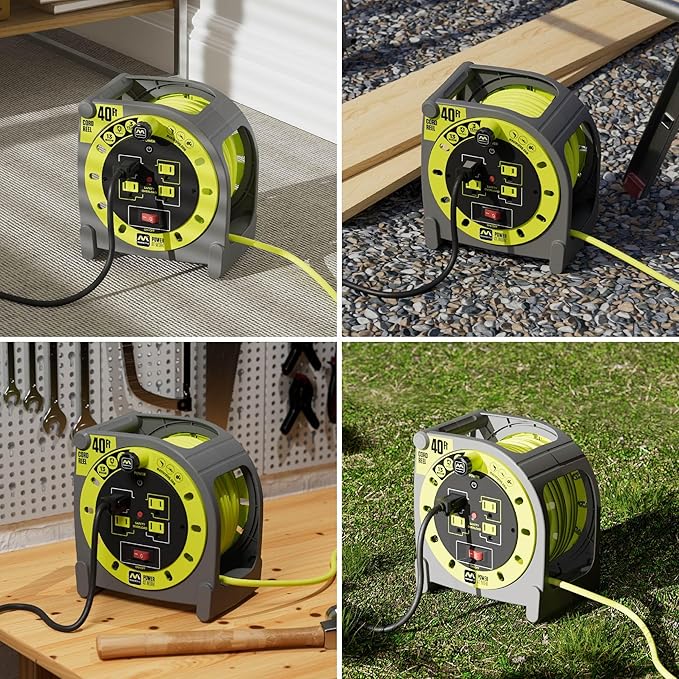 Masterplug 40ft Case Cord Reel, Retractable Extension Lead with Winding Handle, Safety Overload Circuit Breaker and Power Switch, 4X Grounded Outlets, 13amps, 14AWG Cable