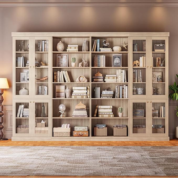 Vyre 70.8" Tall Farmhouse Bookshelf with Glass Doors, Modular Bookcase with 6-Tier Adjustable Shelves, Large Storage Cabinet for Kitchen, Living Room, Brown, Set of 3