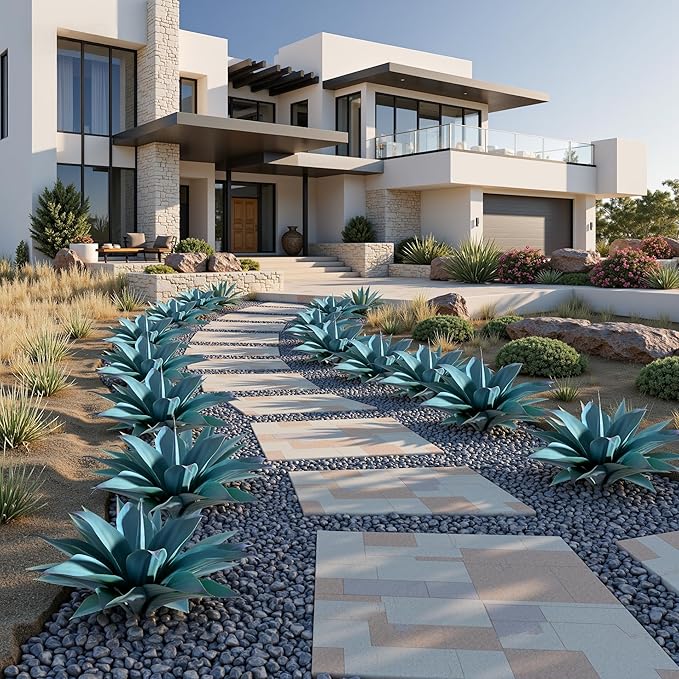 Fake Plants Artificial Agave Plants 13.8" Large UV Resistant Fake Agave Planters for Indoor and Outdoor Decorating Tropical Plant Succulents Greenery Indoor Decor (Blue) 2Pack