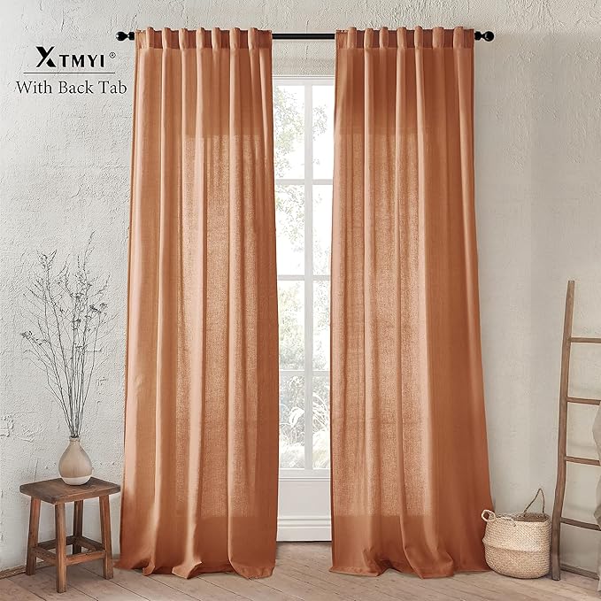 XTMYI Terracotta Vintage Boho Curtains, Rust Colored Linen Sheer Rustic Farmhouse Western Curtains for Bedroom Living Room Home Decor, 84 Inches Long, 2 Panels Set