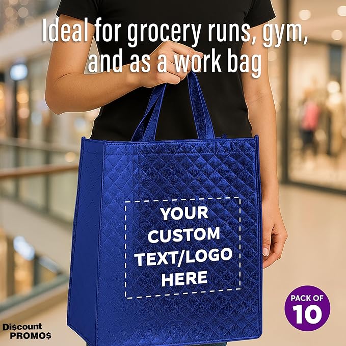 DISCOUNT PROMOS Custom Luxurious Laminated Tote Bags Set of 10, Personalized Bulk Pack - Reusable, Great for Shopping, Beach, Wedding Favors - Royal Blue