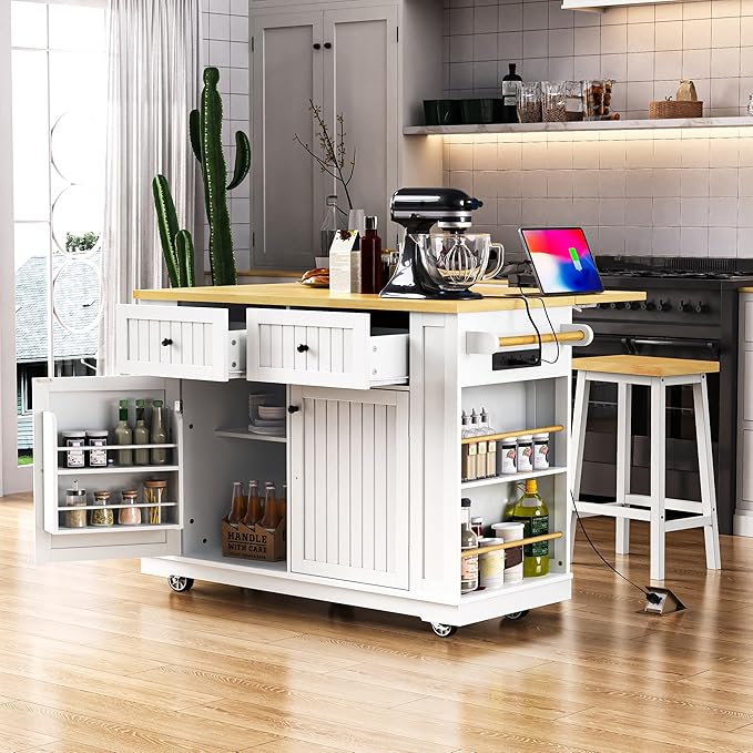 Rolling Kitchen Island with Drop Leaf & Power Outlet, Large Kitchen Islands Cart on Wheels, Movable Kitchen Island with 5 Open Storage Shelves & Towel Rack for Kitchen, Dining Room, 48-Inch, White