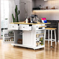 Rolling Kitchen Island with 2 Bar Stools, Drop Leaf & Power Outlet, Large Kitchen Islands Cart on Wheels, Movable Kitchen Island with 5 Open Shelves & Towel Rack for Kitchen, Dining Room, 48″, White