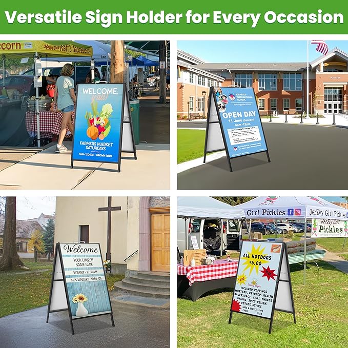 2 Pack A Frame Sign Holder 24x36 Inch, Double-Sided Folding Sandwich Board with Handle, Heavy Duty Metal Sidewalk Sign for Outdoor Business Advertising, Includes 4 Plastic Boards