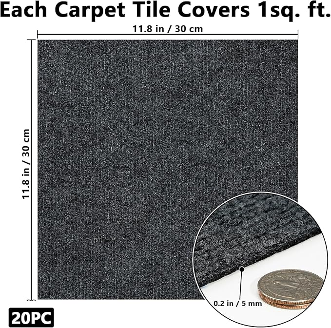 20Pcs Carpet Tiles Peel and Stick, Self Adhesive Carpet Floor Tile 12” x 12”, Dark Grey Soft Padded Flooring Sticker, Home Decor for Bedroom Living Room Office, 20 sq ft per Box