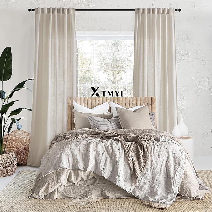 XTMYI 70 Inches Wide Country Curtains for Living Room,Sheer Linen Shabby Chic Curtains for Bedroom Oatmeal 108 Inches Long