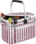 Tirrinia Large Insulated Picnic Basket, 34L Water Resistant & Leakproof Collapsible Portable Cooler Basket Set with Aluminium Handle for Travel, with a Free Foldable Grocery Bag, Wine Stripe