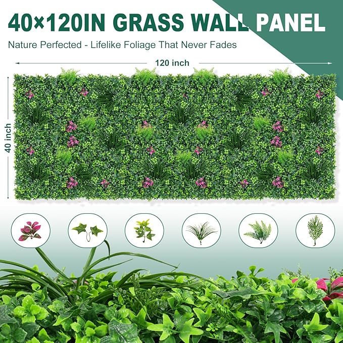Artificial Boxwood Wall Roll, 40"x120" (33.33 sqft) Grass Wall Panels with Mint Plant Leaves, Greenery Backdrop Privacy Screen with UV Protection, Green Grass Wall for Indoor Outdoor Decor
