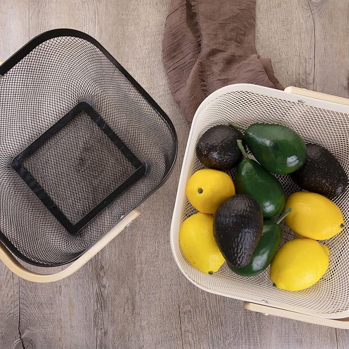 IBWell Square Metal Wire Woven Fruit Storage Bowl Basket with Wooden Handle, Large Black Mesh Fruit Stand, Multi-function Hanging Kitchen Baskets (White, Normal)
