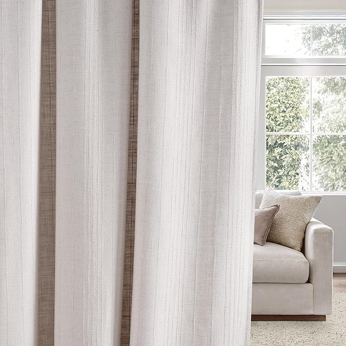 NICETOWN Linen Curtains Jacquard Waffle Weave Pattern, Boho Window Treatments Privacy with Light Filtering Drapes for Living Room, Angora, W52 x L108, 2 Panels