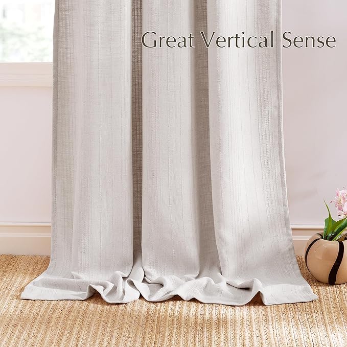 NICETOWN Linen Curtains Jacquard Waffle Weave Pattern, Boho Window Treatments Privacy with Light Filtering Drapes for Living Room, Angora, W52 x L108, 2 Panels