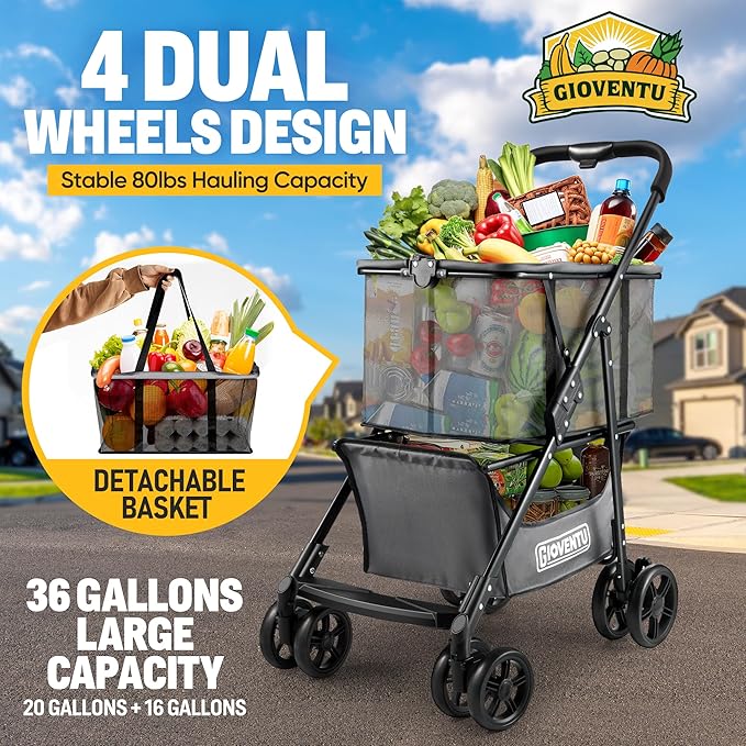 𝐈𝐦𝐩𝐫𝐨𝐯𝐞𝐝 𝐕𝐞𝐫𝐬𝐢𝐨𝐧 Folding Shopping Cart for Groceries, 80lbs Collapsible Grocery Cart with Removable Basket and Swivel Wheels, One-Hand Fold, Portable Personal Stroller Shopping Carts