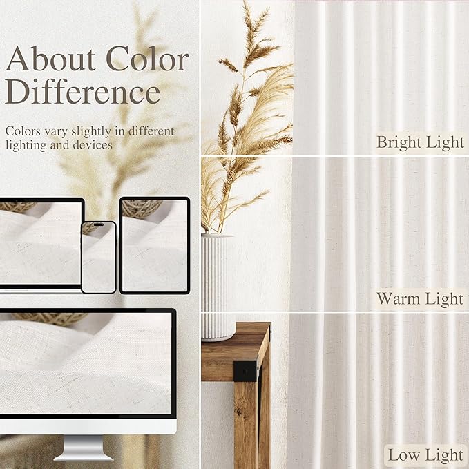 Ivory White Semi Sheer Linen Curtains 90 inch for Living Room Back Tab Rod Pocket Ivory White Cotton Textured Gauze Curtain Modern Farmhouse Coastal Decor 90 inches for Dining Room Office