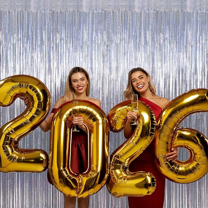 4 Pack NYE Silver Tinsel Foil Curtain, 3.28 FT x 7.05 FT Glitter Silver Tinsel Curtains, Metallic Foil Streamer Disco Fringe Backdrop Party Curtains, Birthday New Year Party Supplies Disco Decor
