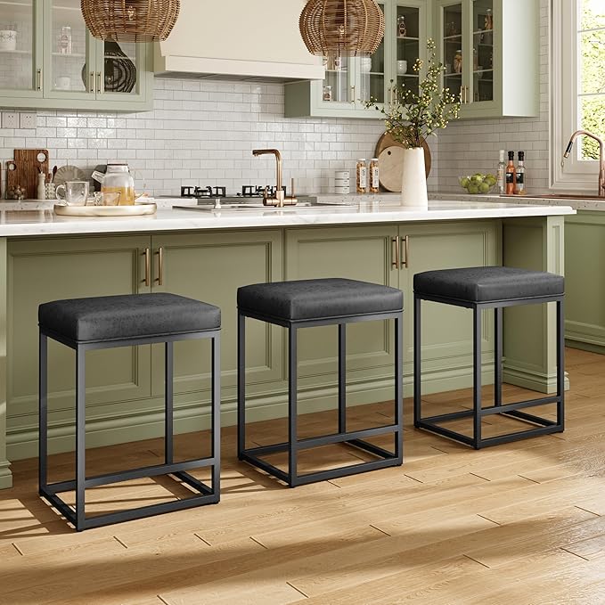 MAISON ARTS Black Counter Height 24" Bar Stools Set of 3 for Kitchen Counter Backless Modern Square Bartools Upholstered Faux Leather Stools Farmhouse Island Chairs, (24 Inch,Black)