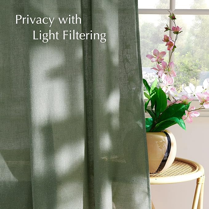 NICETOWN Thick Linen Blend Semi Sheer Forest Green Curtains, Pleat Tape Privacy Added Drapes with Light Filtering Window Treatments for Bedroom/Living Room, W52 x L84, 2 Panels