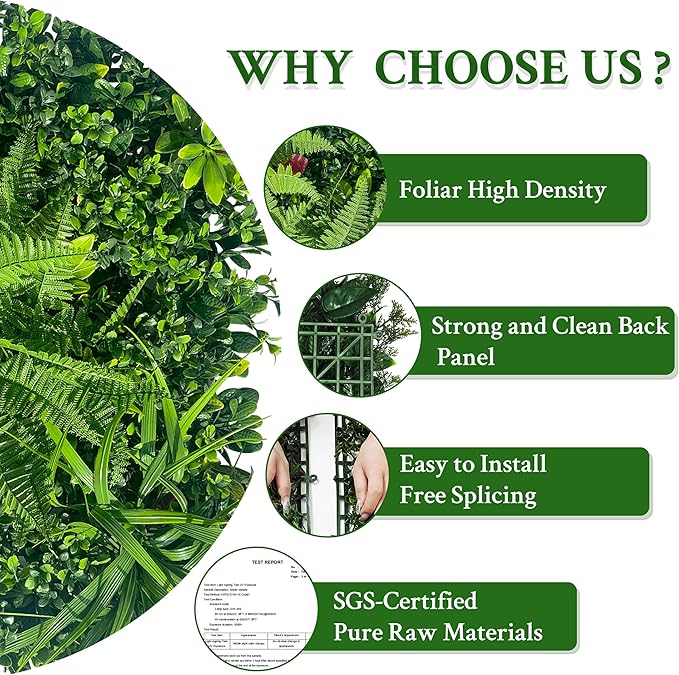 Artificial Grass Wall Backdrop Panels: 40×40 in UV-Anti Greenery Boxwood Panels for Indoor Outdoor Green Plant Wall Decor & Ivy Fence Covering Privacy