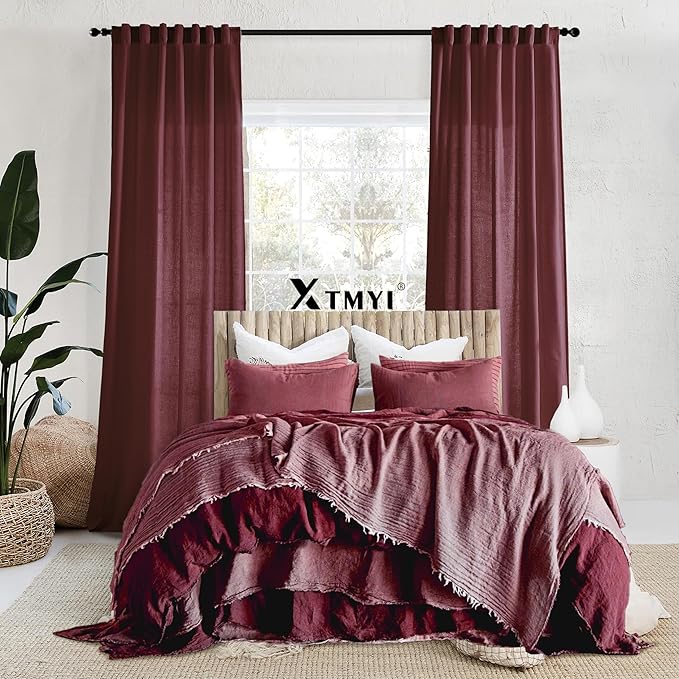 XTMYI Burgundy Curtains 84 Inches Long 2 Panels,Vintage Elegant Maroon Linen Back Tab Hook Pleated Sheer Christmas Curtains for Living Room Bedroom,Dark Red
