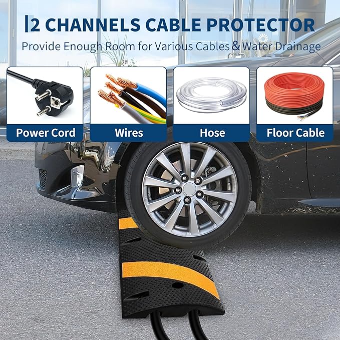 4 Pack 6FT Speed Bumps for Road, Heavy Duty 25,000 Lbs Capacity Traffic Rubber Speed Humps with 2 Channel Floor Cord Cover for Asphalt Concrete Gravel Driveway Road Cable Protector Ramp