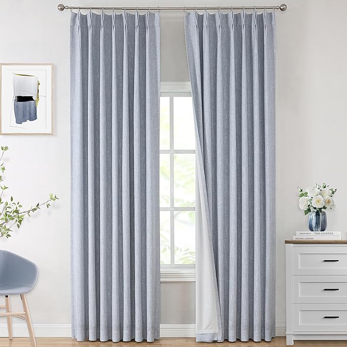 Vision Home Chambray Blue Pinch Pleated Full Blackout Curtains Room Darkening Window Curtains 84 inch for Living Room Bedroom Thermal Insulated Pinch Pleat Drapes with Hooks Back Tab 2 Panel 40"Wx84"L