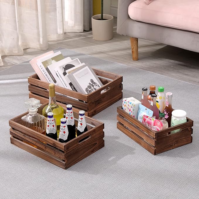 Wood Crates For Storage,Decorative Vintage Brown Wooden Crates For Display,Handmade Solid Wood Boxes,Set Of 3 Rustic Black Wooden Crate. (vintage brown)