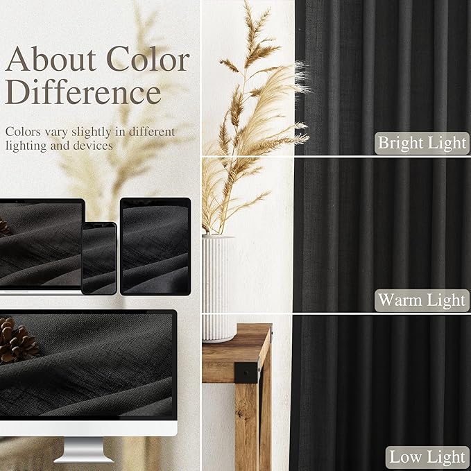 Black Sheer Linen Curtains 90 inch Length for Bedroom Back Tab Rod Pocket Modern Farmhouse Muslin Look Cotton Textured Black Window Curtains 90 inches Long for Dining Room Living Office 2 Panels