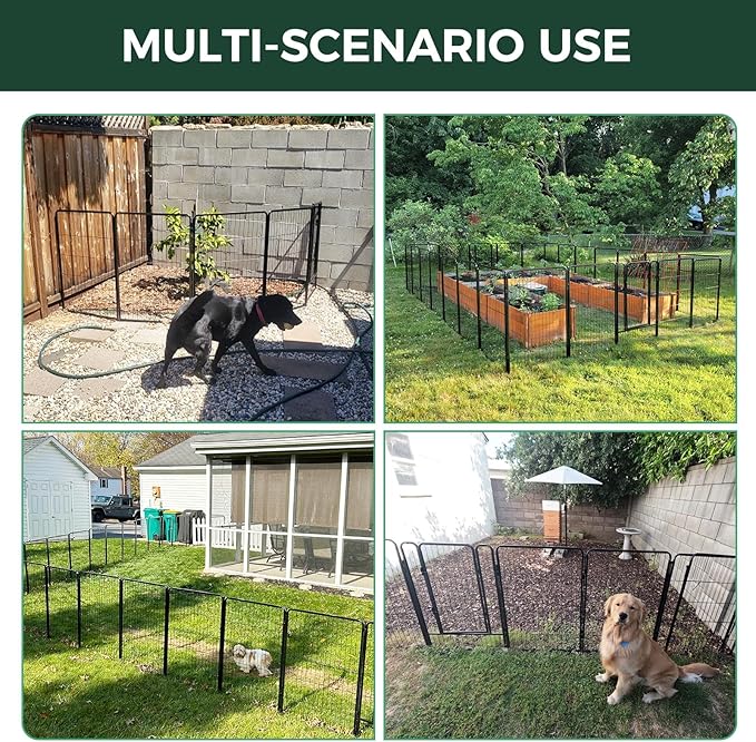 FXW Garden Fence Outdoor for The Yard – 40in(H) x 18.2ft(L) Heavy Duty Metal Animal Barrier for Dog and Rabbit, Decorative Dog Fence with Fence-to-Wall Anchor (Pack of 4), 8 Panels, Black