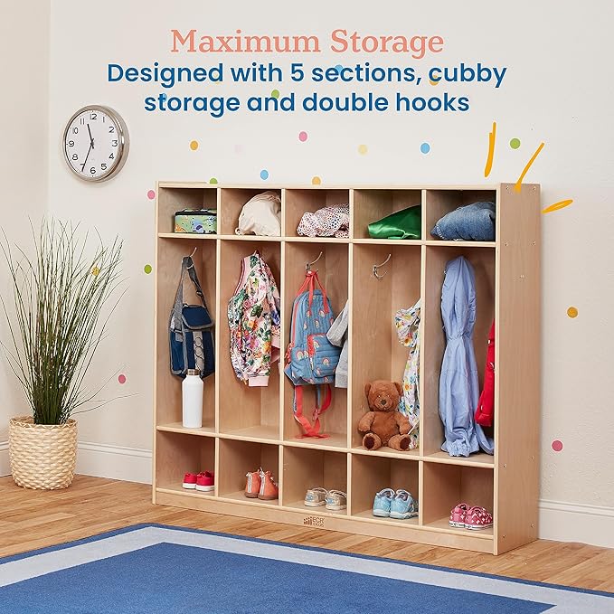 ECR4Kids 5-Section Straight Coat Locker, Classroom Furniture, Natural