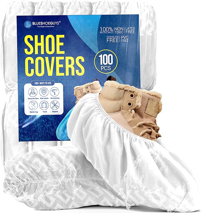 Premium Boot & Shoe Covers Disposable Booties - 100 Pack - Durable, Non-Slip, Non-Toxic, Water Resistant, Recyclable Protectors for Indoor & Outdoor - Large Size Fits Most Shoes