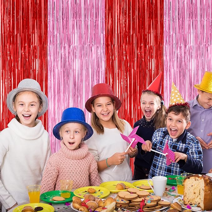 2 Pack Backdrop Curtains, 3.28 Feet x 7.05 Feet Red Pink Backdrop, Metallic Fringe Curtains Tinsel Backdrop Party Streamer, Babie Backdrop Valentines Day Happy Birthday Party Supplies Decorations