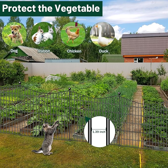 8 Panels Decorative Garden Fence with Gate, 48 in(H) X 21 ft(L) No Dig Dog Fence Animal Barrier Outdoor for Yard, Rustproof Metal Garden Edging and Borders, Temporary Fencing Stakes